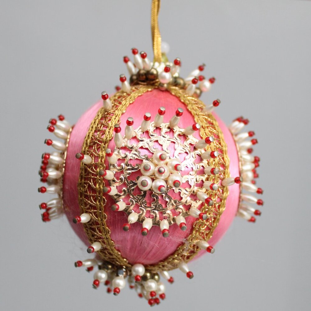 Vintage Pink Satin Ball Beaded Push Pin Christmas Ornament Sequin Embellished 5” - Picture 2 of 8